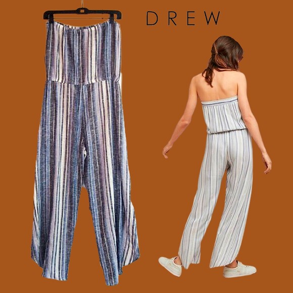 DREW by Anthropologie NEW EMERSON Striped Bandeau Side Slit Leg Jumpsuit M - Picture 8 of 12